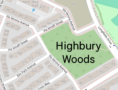 Map view of Highbury Woods.